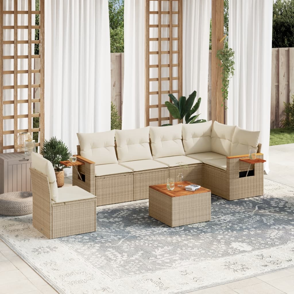 vidaXL 7-delige Loungeset met kussens poly rattan beige