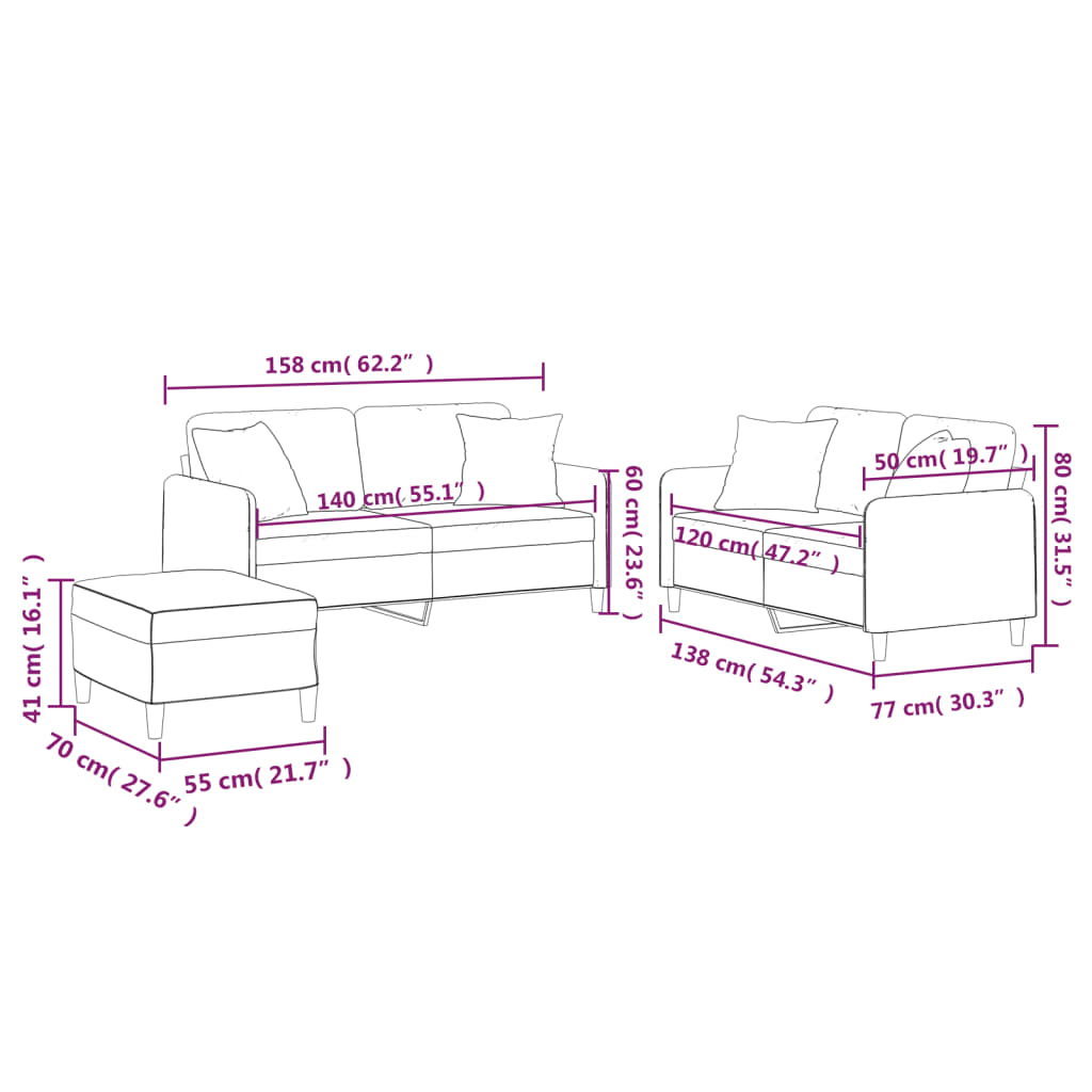 vidaXL 3-delige Loungeset met kussens stof zwart