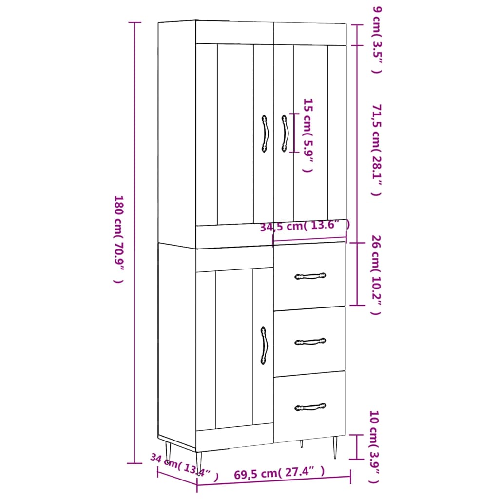 vidaXL Hoge kast 69,5x34x180 cm bewerkt hout betongrijs