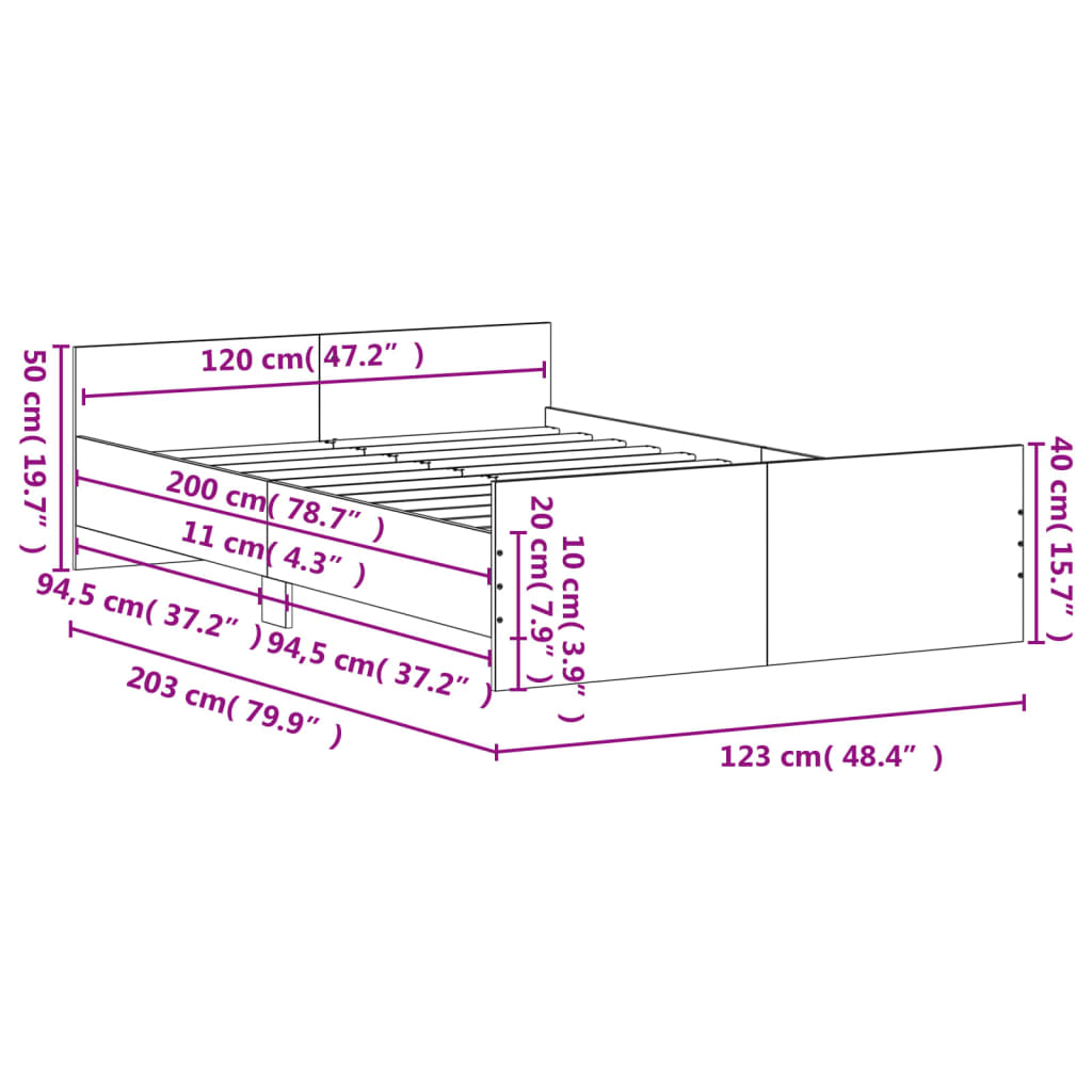 vidaXL Bedframe met hoofd- en voeteneinde grijs sonoma 120x200 cm