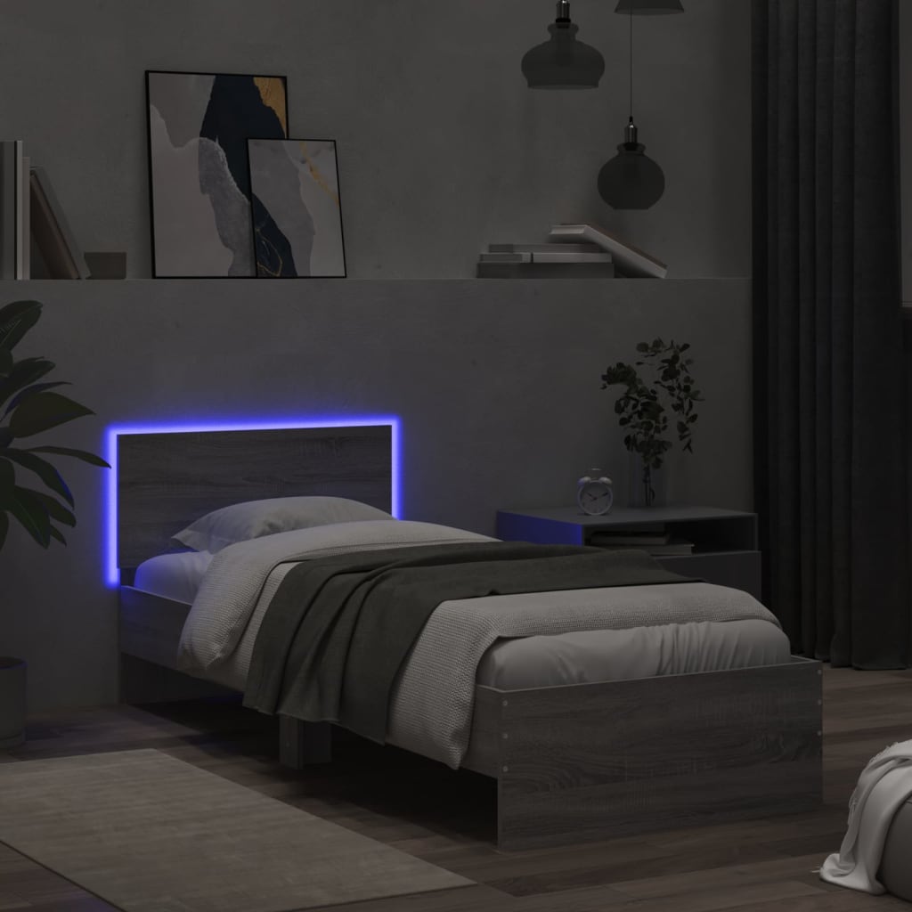 vidaXL Bedframe met hoofdbord en LED grijs sonoma eikenkleur 75x190 cm