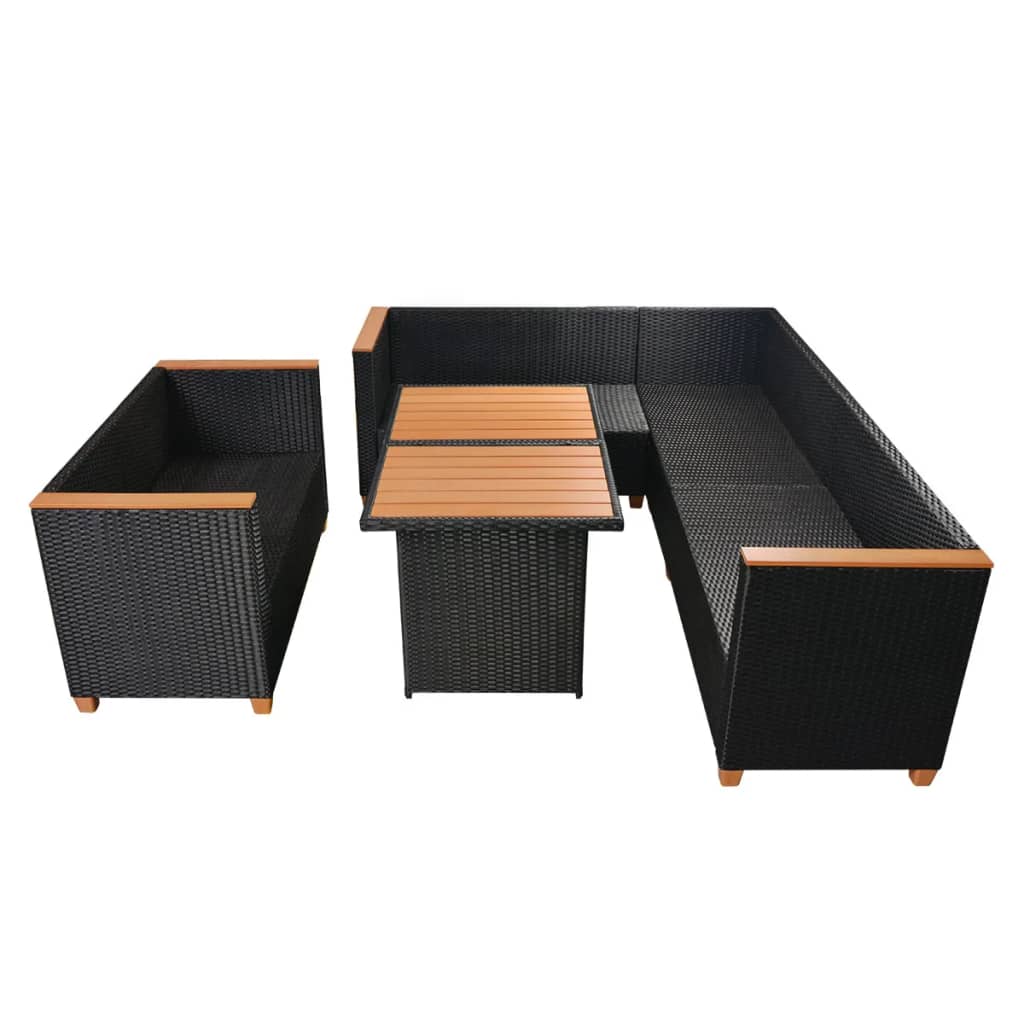 vidaXL 5-delige Loungeset met kussens poly rattan zwart