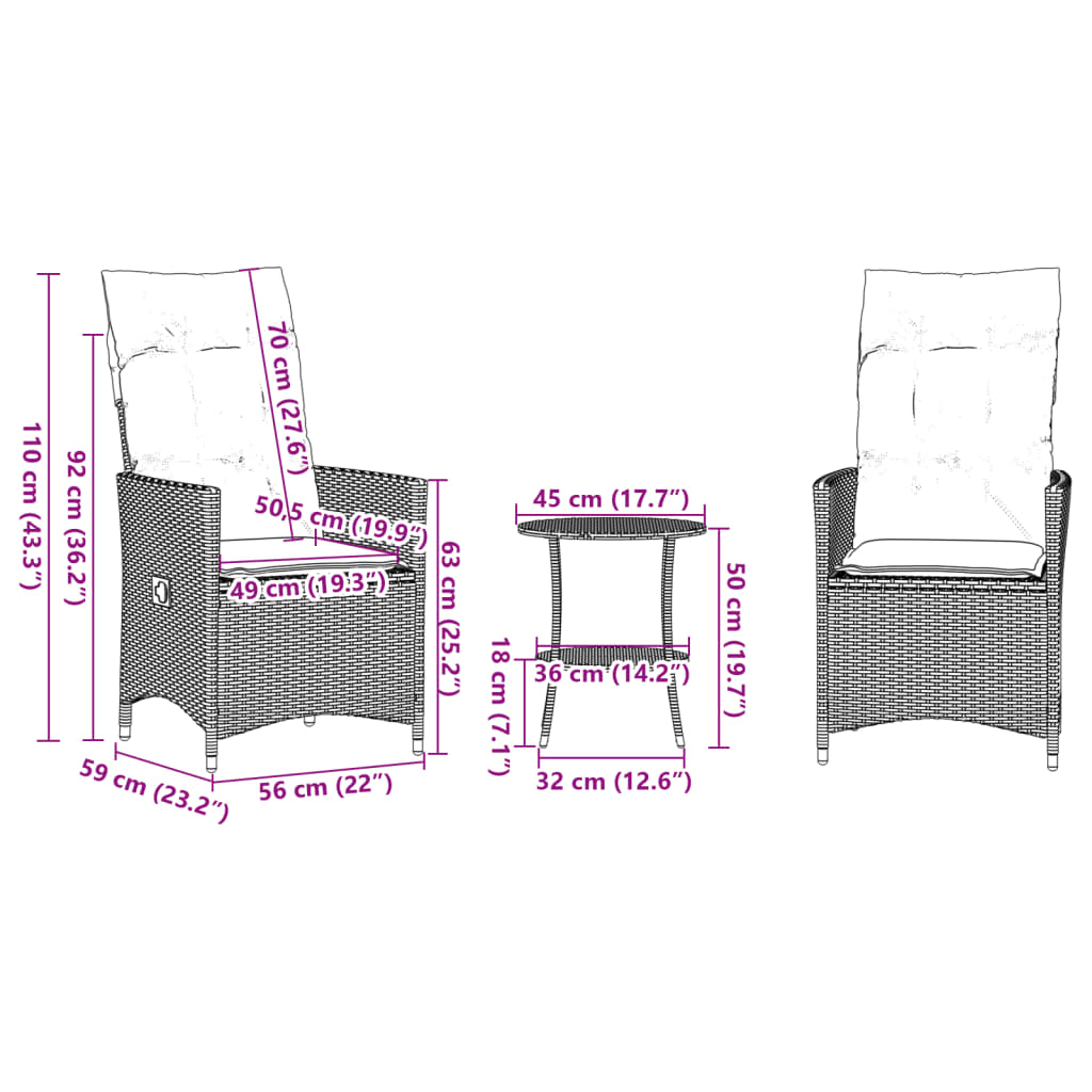 vidaXL 3-delige Bistroset met kussens poly rattan zwart