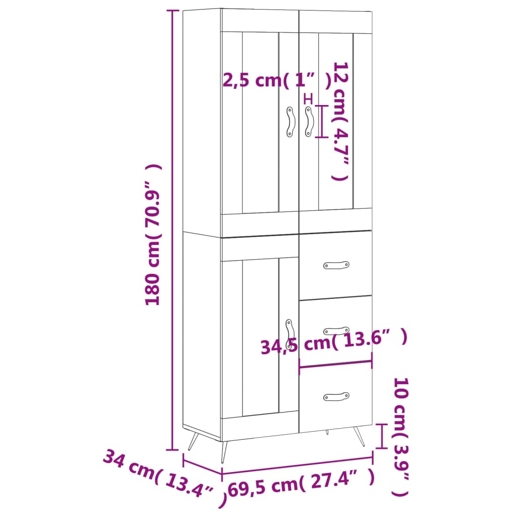 vidaXL Hoge kast 69,5x34x180 cm bewerkt hout hoogglans wit