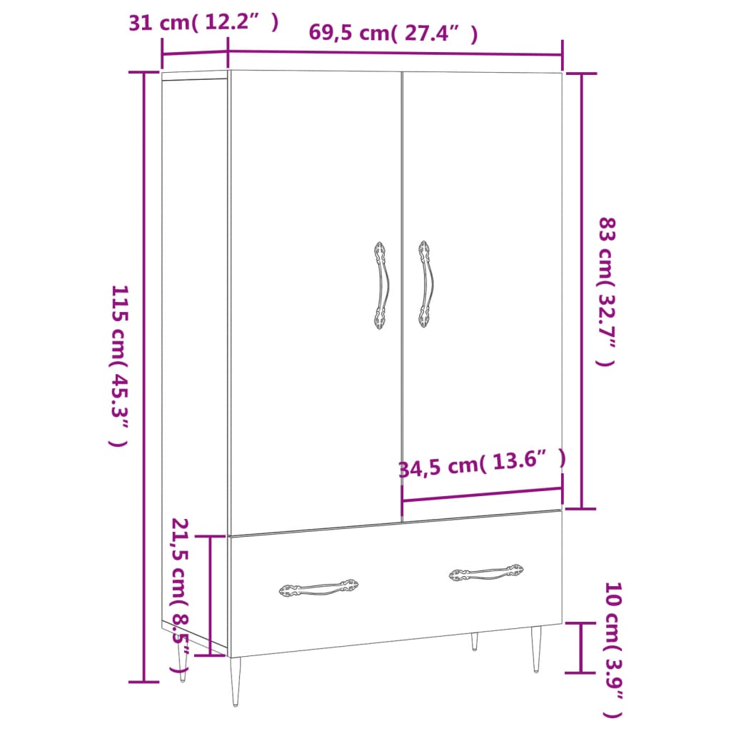 vidaXL Hoge kast 69,5x31x115 cm bewerkt hout hoogglans wit