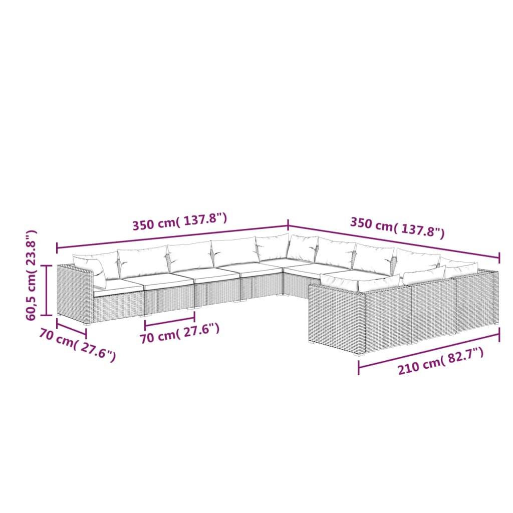 vidaXL 11-delige Loungeset met kussens poly rattan bruin