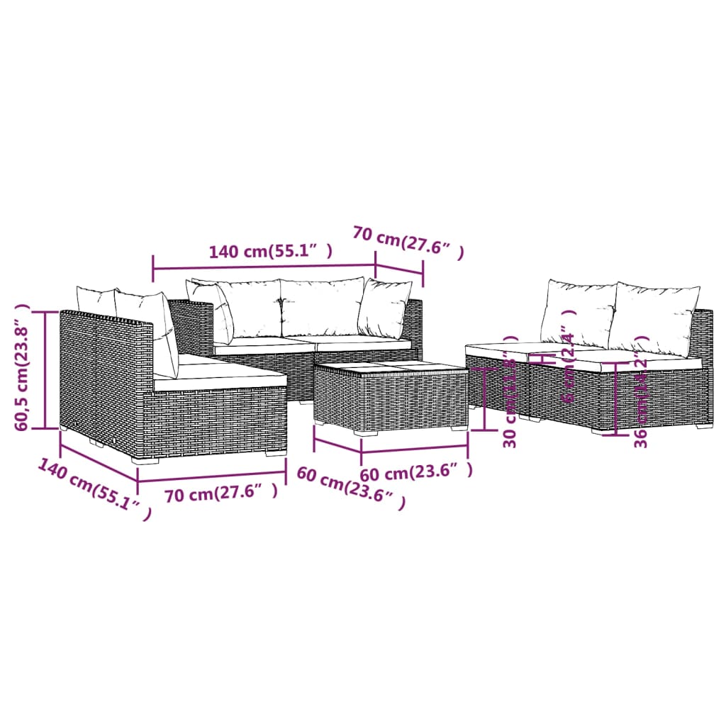 vidaXL 7-delige Loungeset met kussens poly rattan zwart