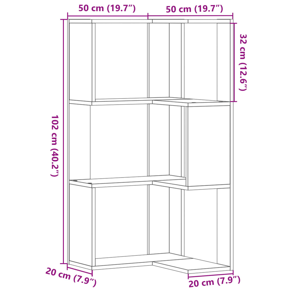 vidaXL Boekenkast 3-laags hoek 50x50x102 cm bewerkt hout wit