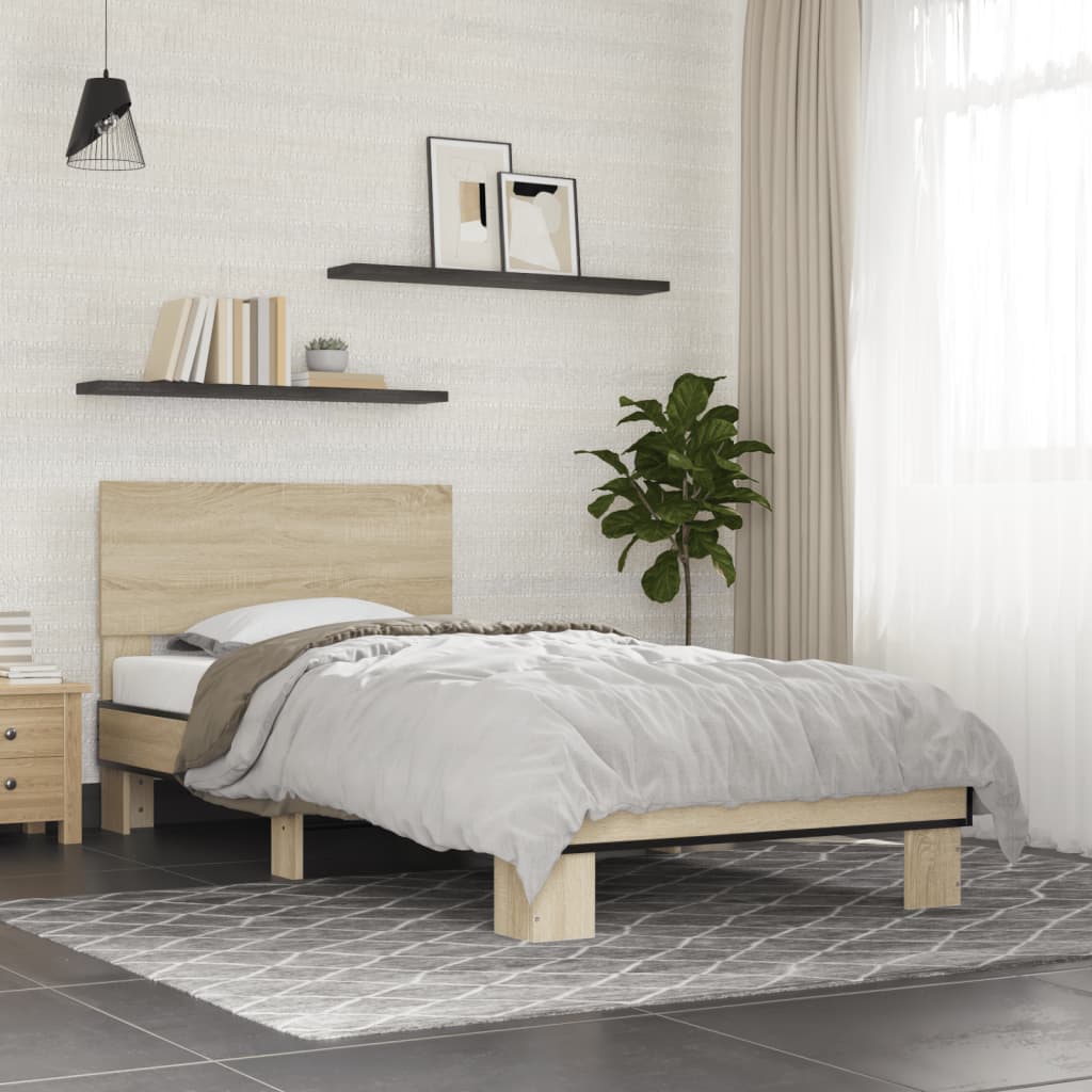 vidaXL Bedframe bewerkt hout en metaal sonoma eikenkleurig 75x190 cm