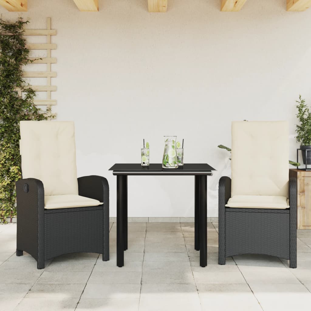 vidaXL 3-delige Tuinset met kussens poly rattan zwart