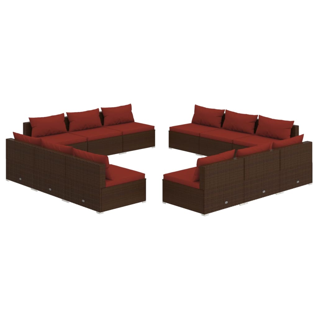 vidaXL 12-delige Loungeset met kussens poly rattan bruin