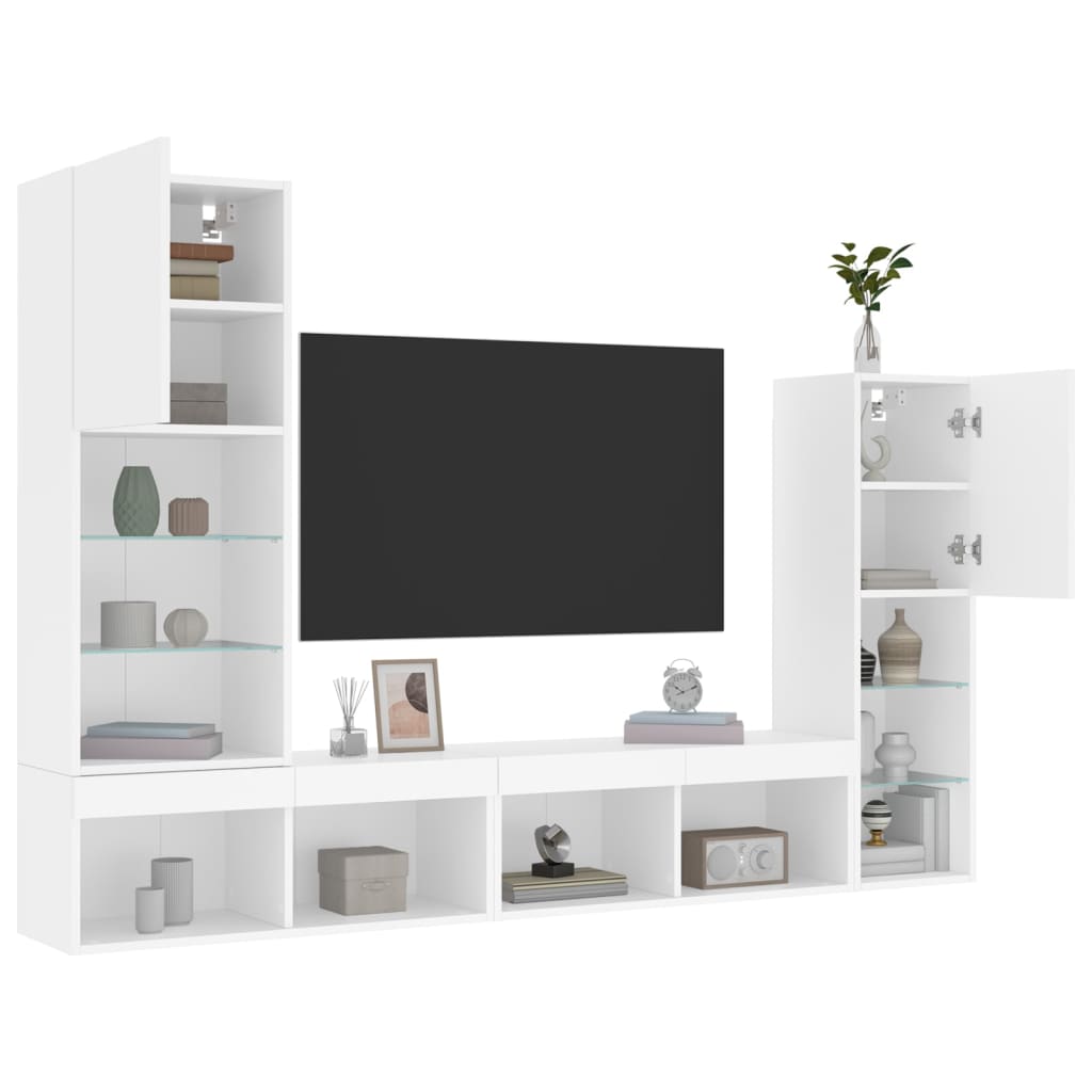 vidaXL 4-delige Tv-wandmeubelset met LED-verlichting bewerkt hout wit