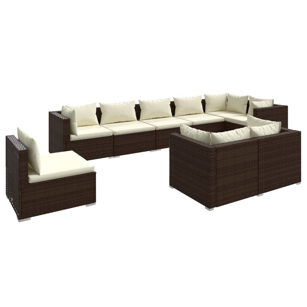 vidaXL 9-delige Loungeset met kussens poly rattan bruin