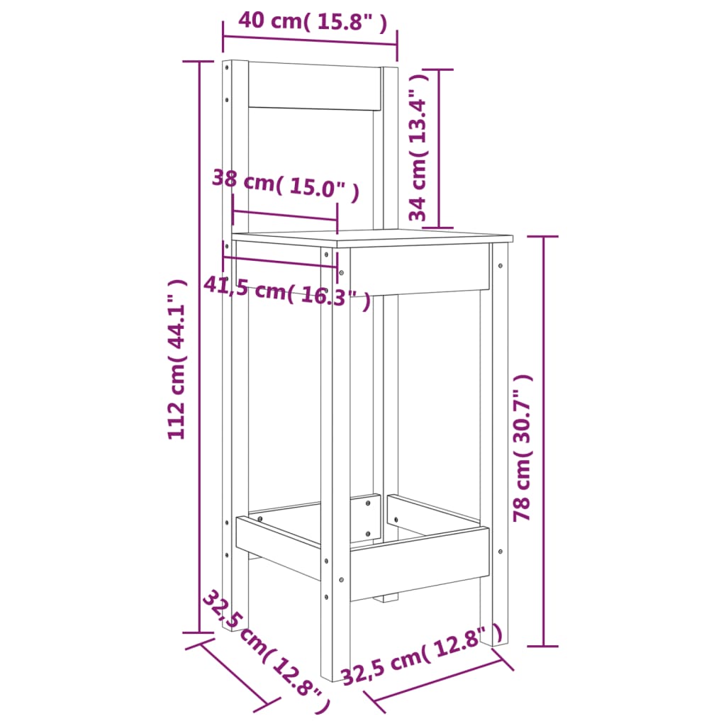 vidaXL Barstoelen 2 st 40x41,5x112 cm massief grenenhout zwart