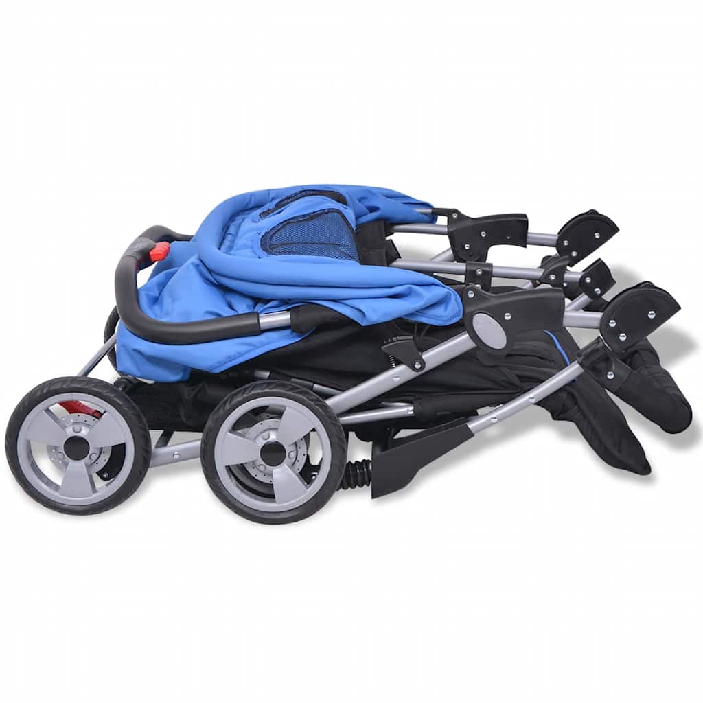vidaXL Tweelingkinderwagen staal blauw en zwart
