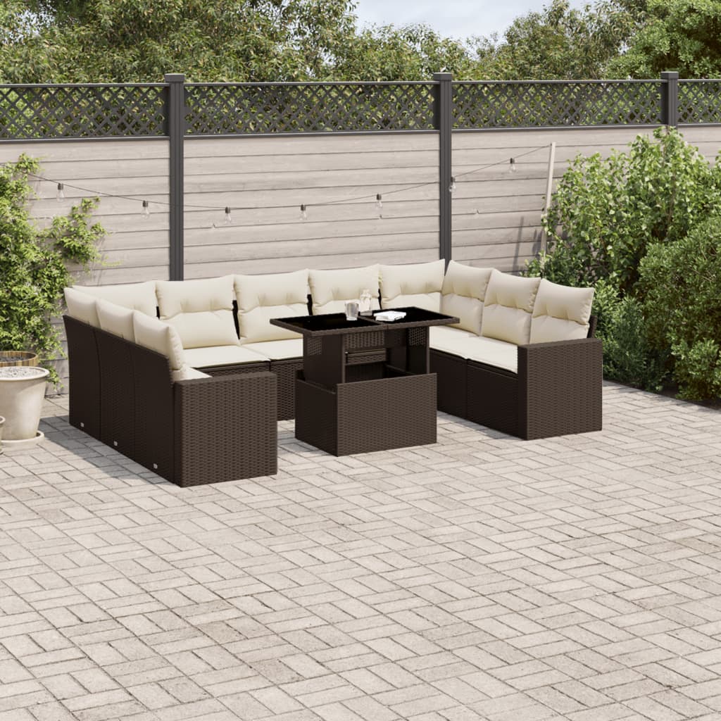 vidaXL 10-delige Loungeset met kussens poly rattan bruin