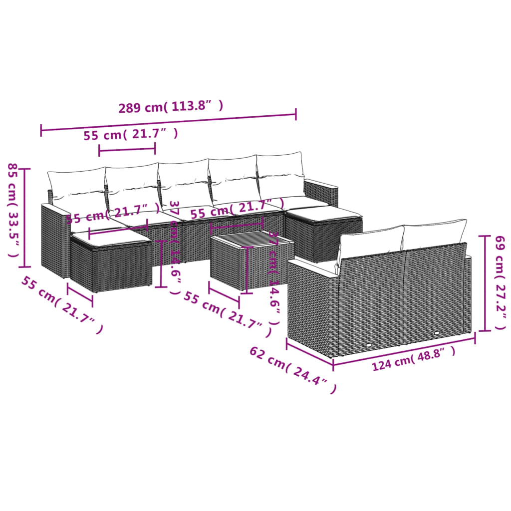 vidaXL 10-delige Loungeset met kussens poly rattan zwart