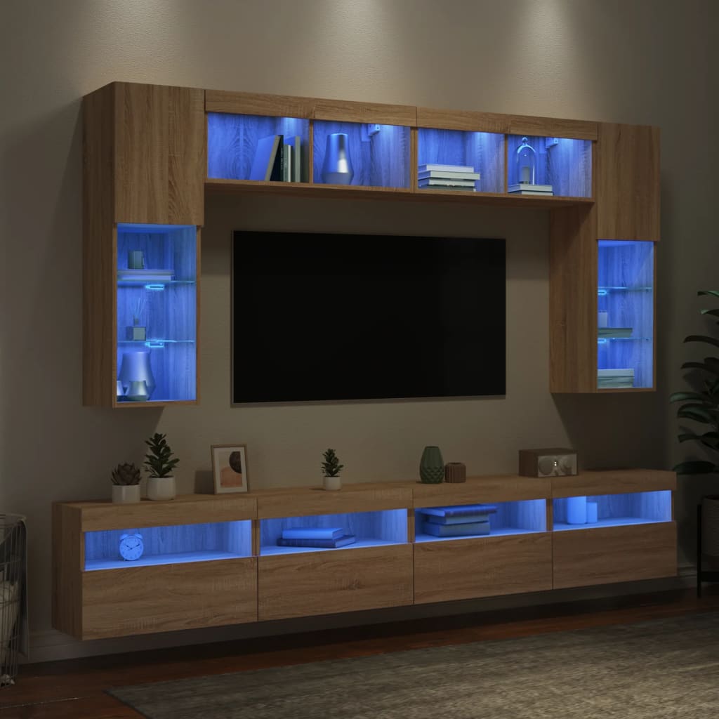 vidaXL 8-delige Tv-wandmeubelset met LED-verlichting sonoma eikenkleur