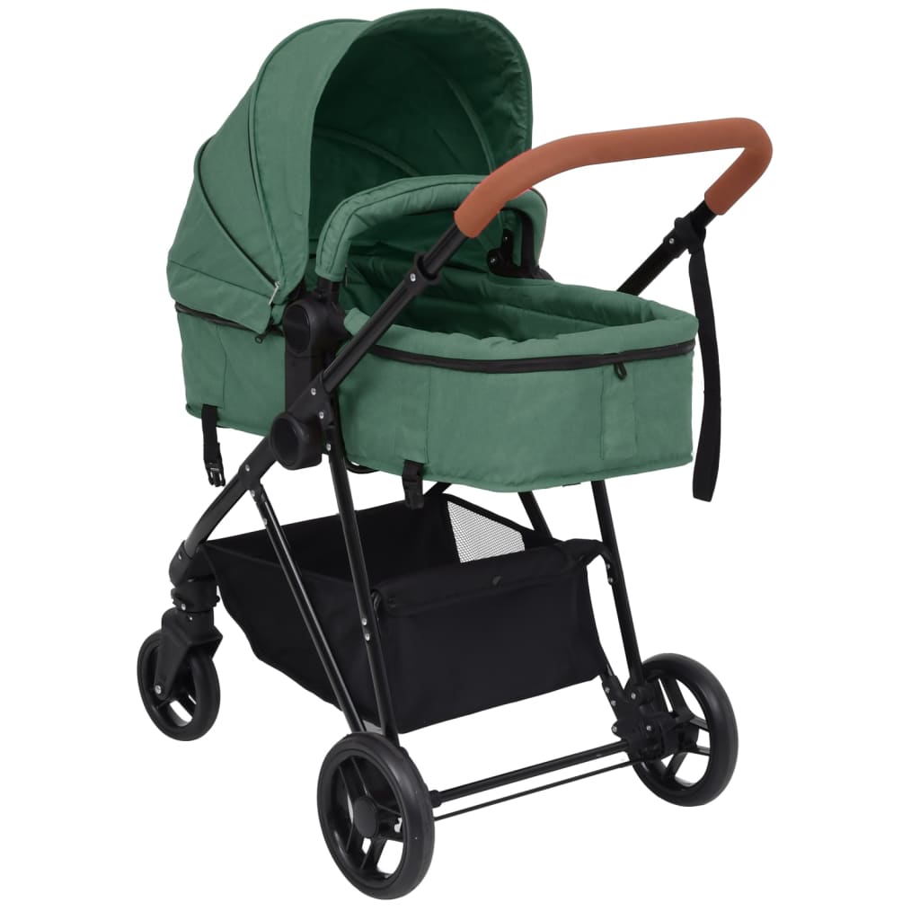 vidaXL Kinderwagen 3-in-1 staal groen en zwart
