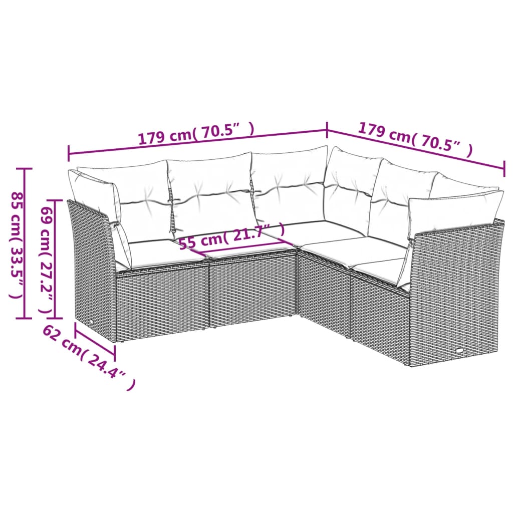 vidaXL 5-delige Loungeset met kussens poly rattan zwart