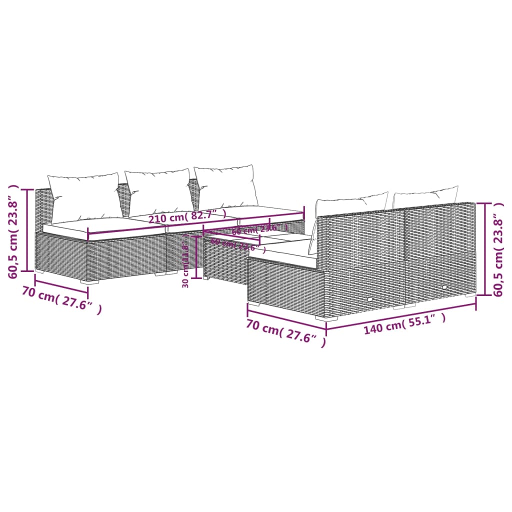 vidaXL 6-delige Loungeset met kussens poly rattan zwart