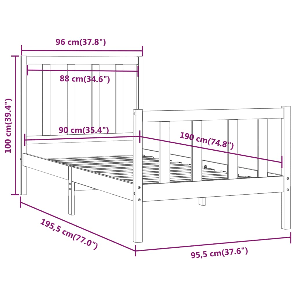 vidaXL Bedframe massief hout zwart 90x190 cm