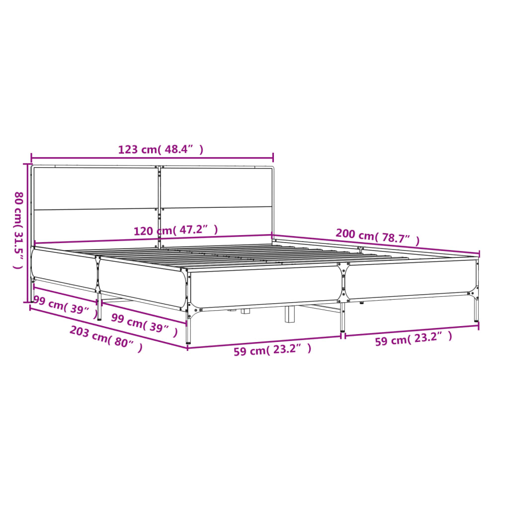 vidaXL Bedframe bewerkt hout metaal bruin eikenkleur 120x200 cm