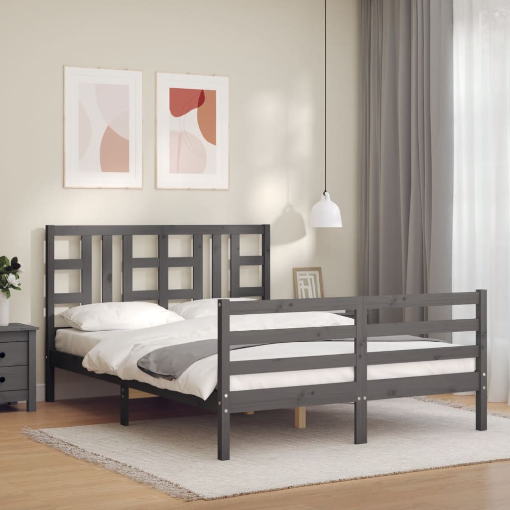 vidaXL Bedframe met hoofdbord massief hout grijs 140x190 cm