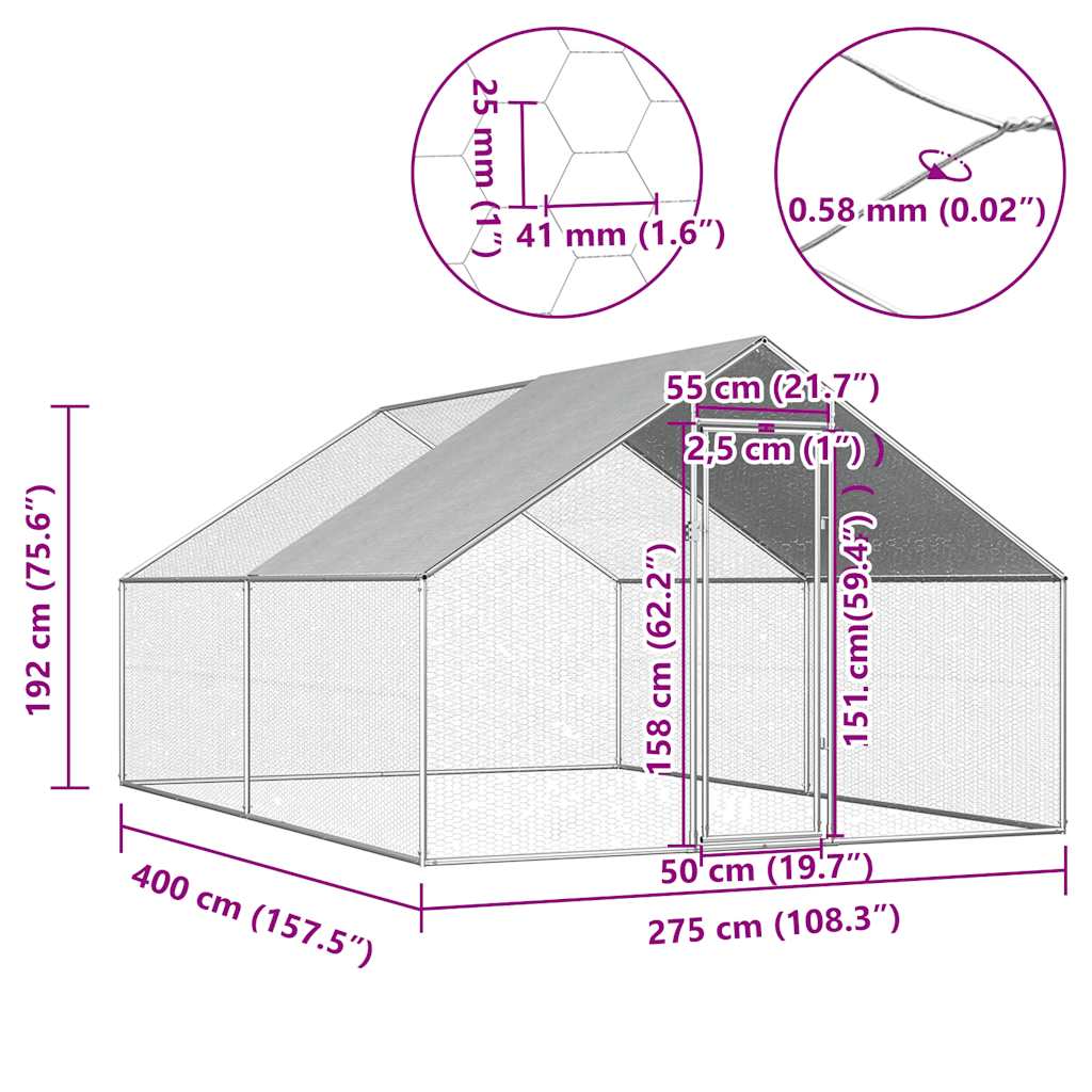 vidaXL Kippenhok 2,75x4x1,92 m gegalvaniseerd staal