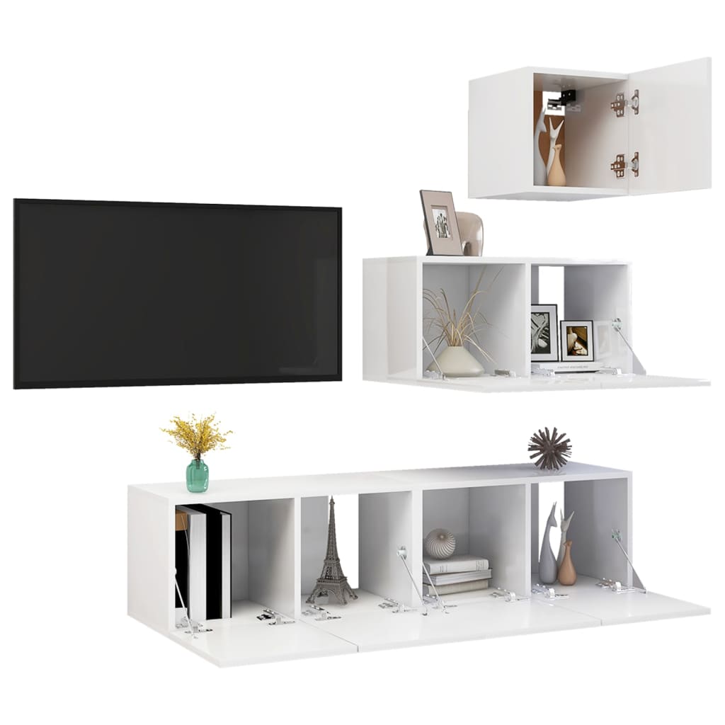 vidaXL 4-delige Tv-meubelset bewerkt hout hoogglans wit