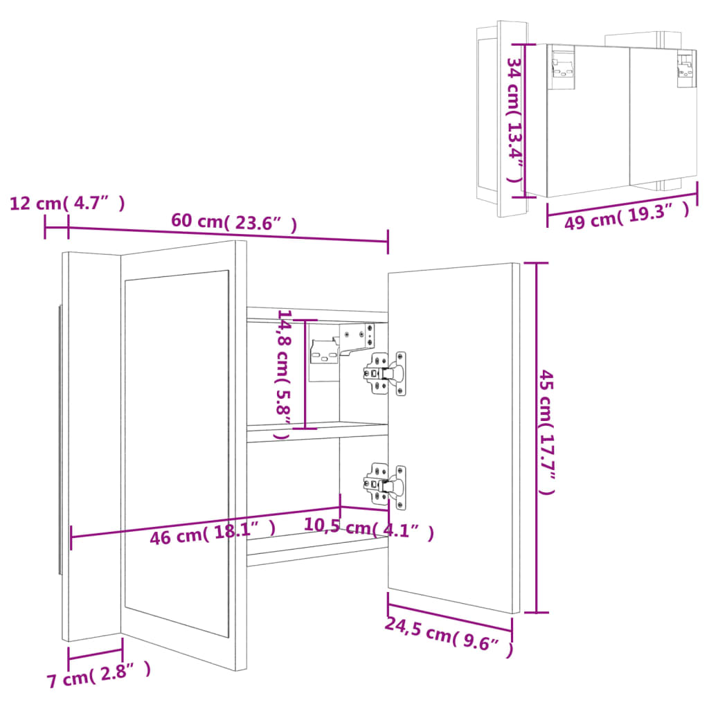 vidaXL Badkamerkast met spiegel en LED 60x12x45 cm acryl hoogglans wit