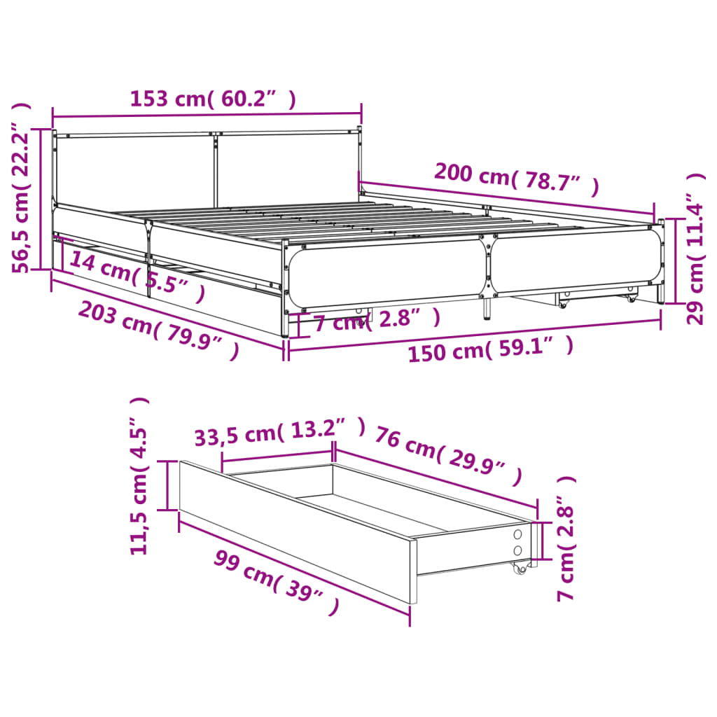 vidaXL Bedframe met lades bewerkt hout zwart 150x200 cm