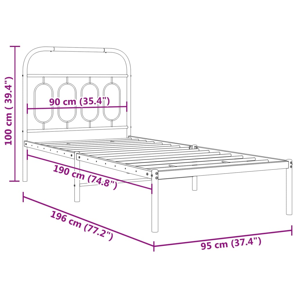 vidaXL Bedframe met hoofdbord metaal zwart 90x190 cm