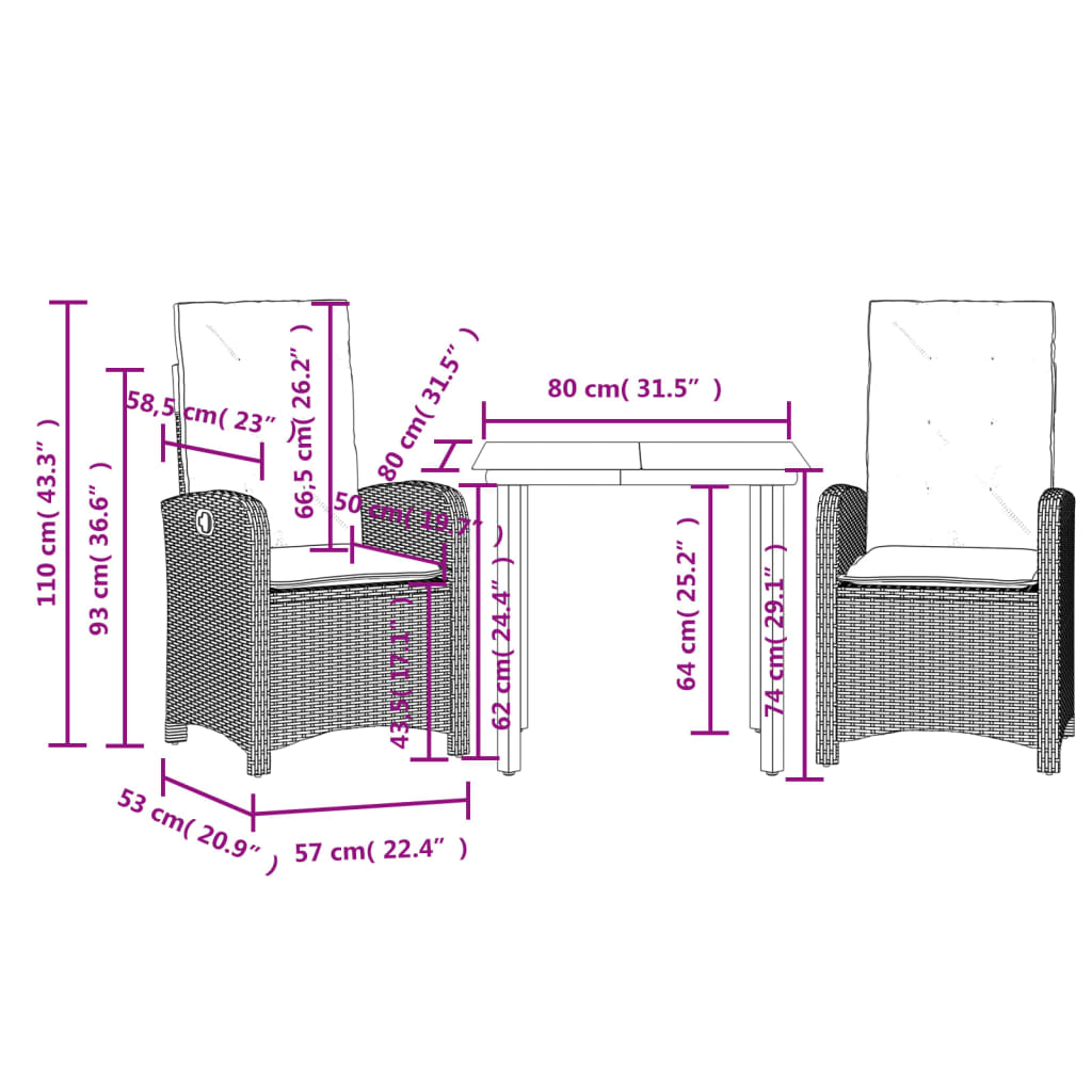 vidaXL 3-delige Tuinset met kussens poly rattan zwart