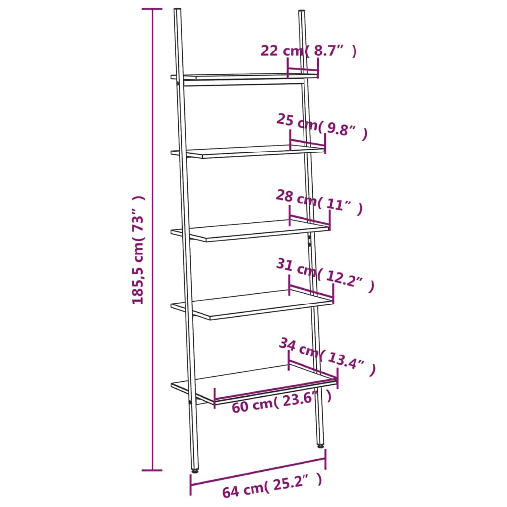 vidaXL Ladderrek met 5 schappen 64x34x185,5 cm zwart