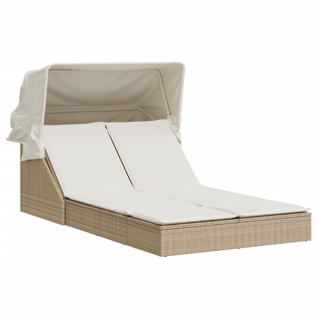 vidaXL Ligbed 2-persoons met luifel en kussens poly rattan beige