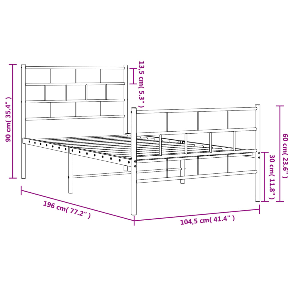 vidaXL Bedframe met hoofd- en voeteneinde metaal wit 100x190 cm