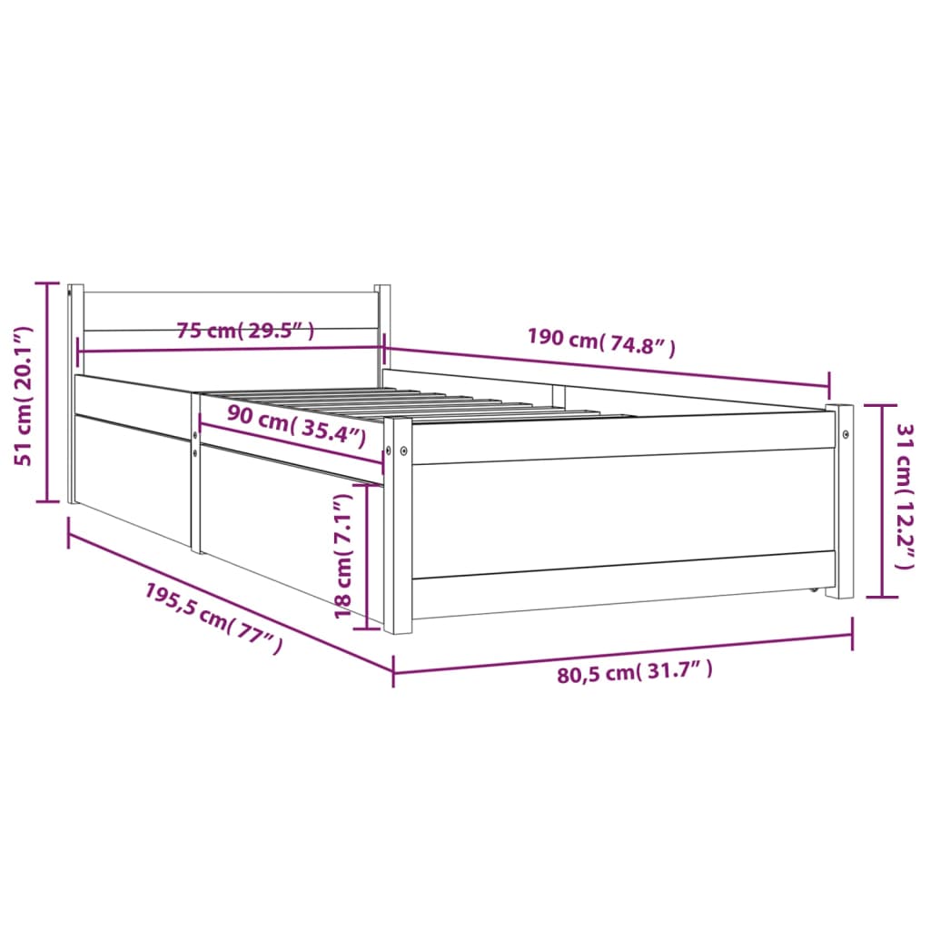 vidaXL Bedframe met lades 75x190 cm