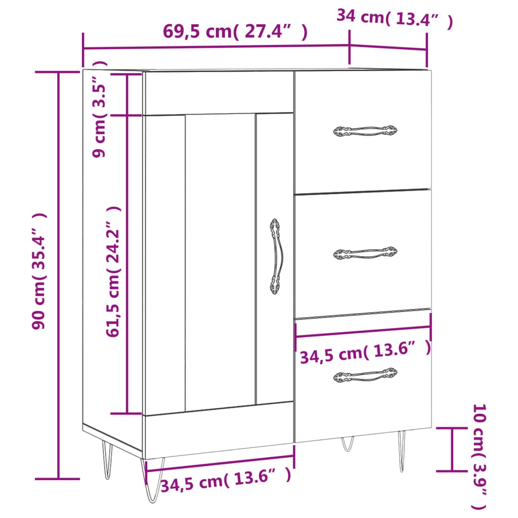 vidaXL Dressoir 69,5x34x90 cm bewerkt hout gerookt eikenkleurig