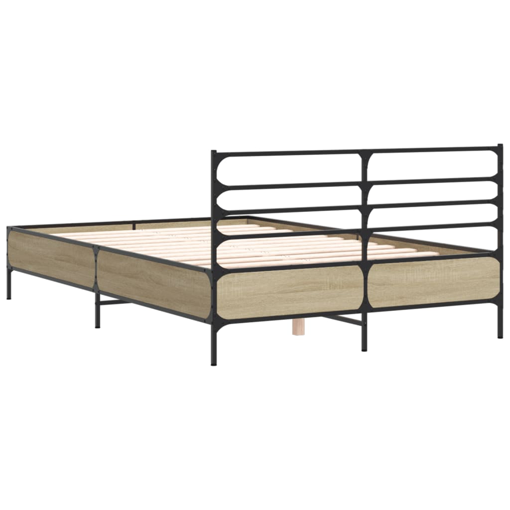 vidaXL Bedframe bewerkt hout metaal sonoma eikenkleurig 135x190 cm