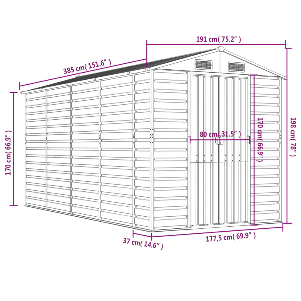 vidaXL Tuinschuur 191x385x198 cm gegalvaniseerd staal lichtgrijs