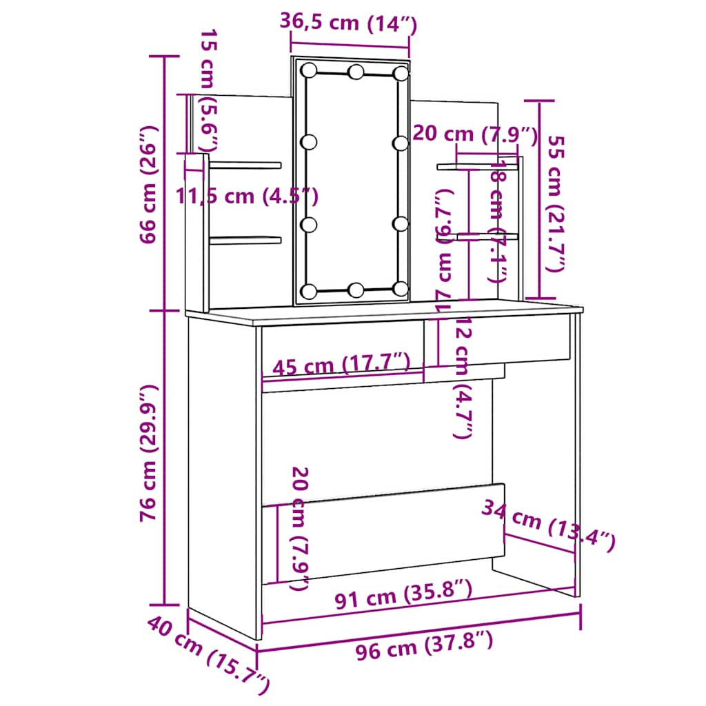 vidaXL Kaptafel met LED-verlichting 96x40x142 cm betongrijs, make up tafel, toilettafel, slaapkamer kaptafel, makeuptafel, slaapkamermeubel, kap tafel