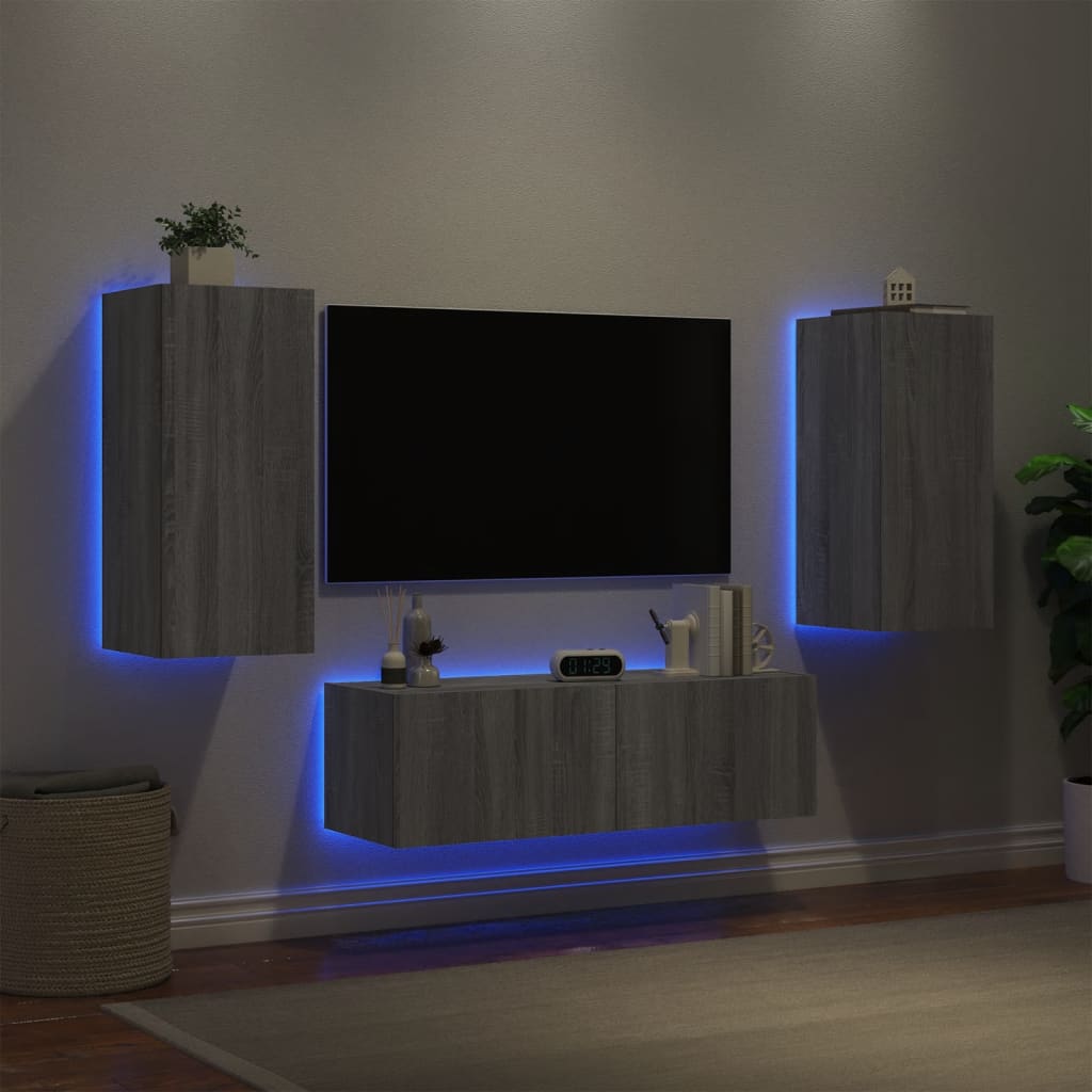 vidaXL 3-delige tv-wandmeubelset met LED-verlichting grijs sonoma