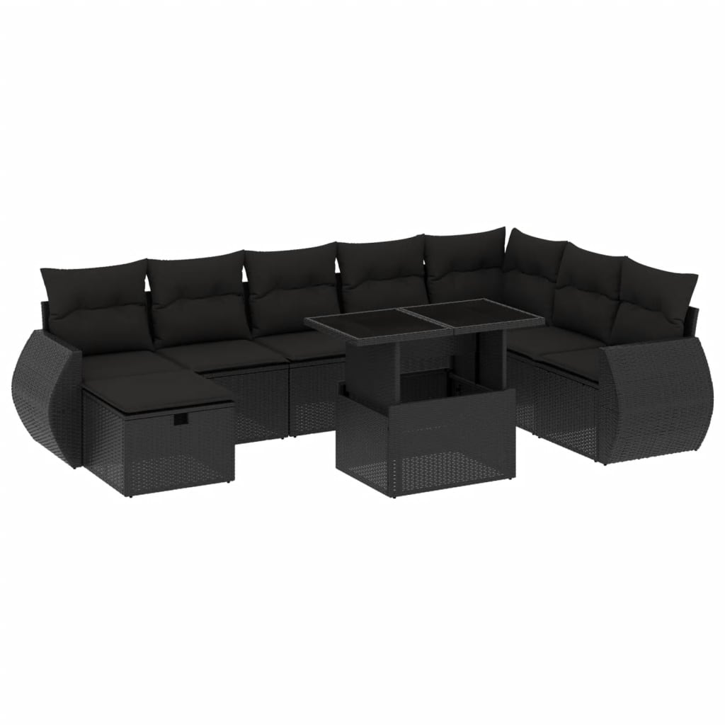 vidaXL 9-delige Loungeset met kussens poly rattan zwart