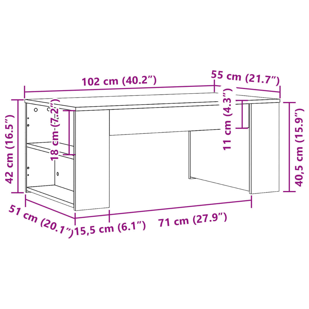 vidaXL Salontafel 102x55x42 cm bewerkt hout bruin eikenkleur