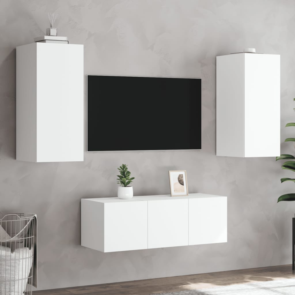 vidaXL 4-delige Tv-wandmeubelset met LED-verlichting bewerkt hout wit