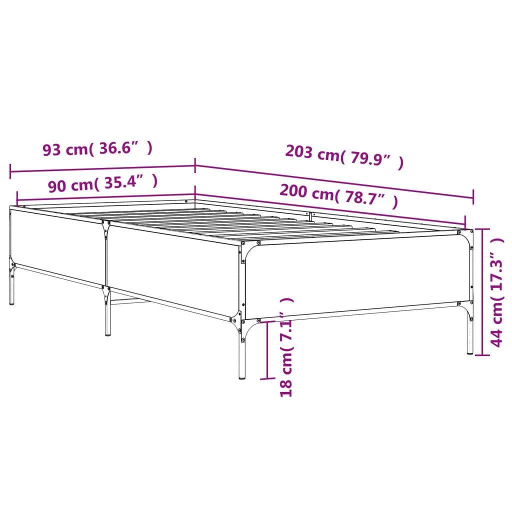 vidaXL Bedframe bewerkt hout en metaal sonoma eikenkleurig 90x200 cm