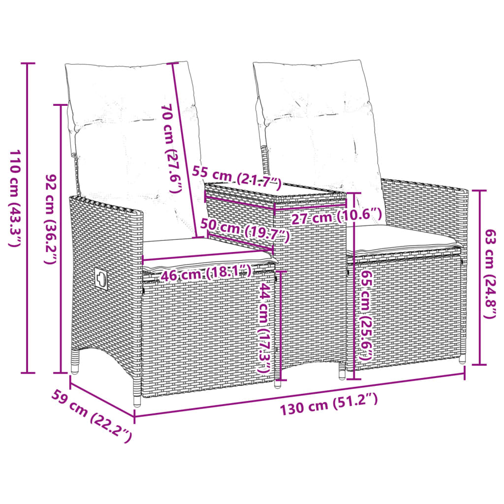 vidaXL Tuinbank 2-zits verstelbaar met tafel poly rattan beige