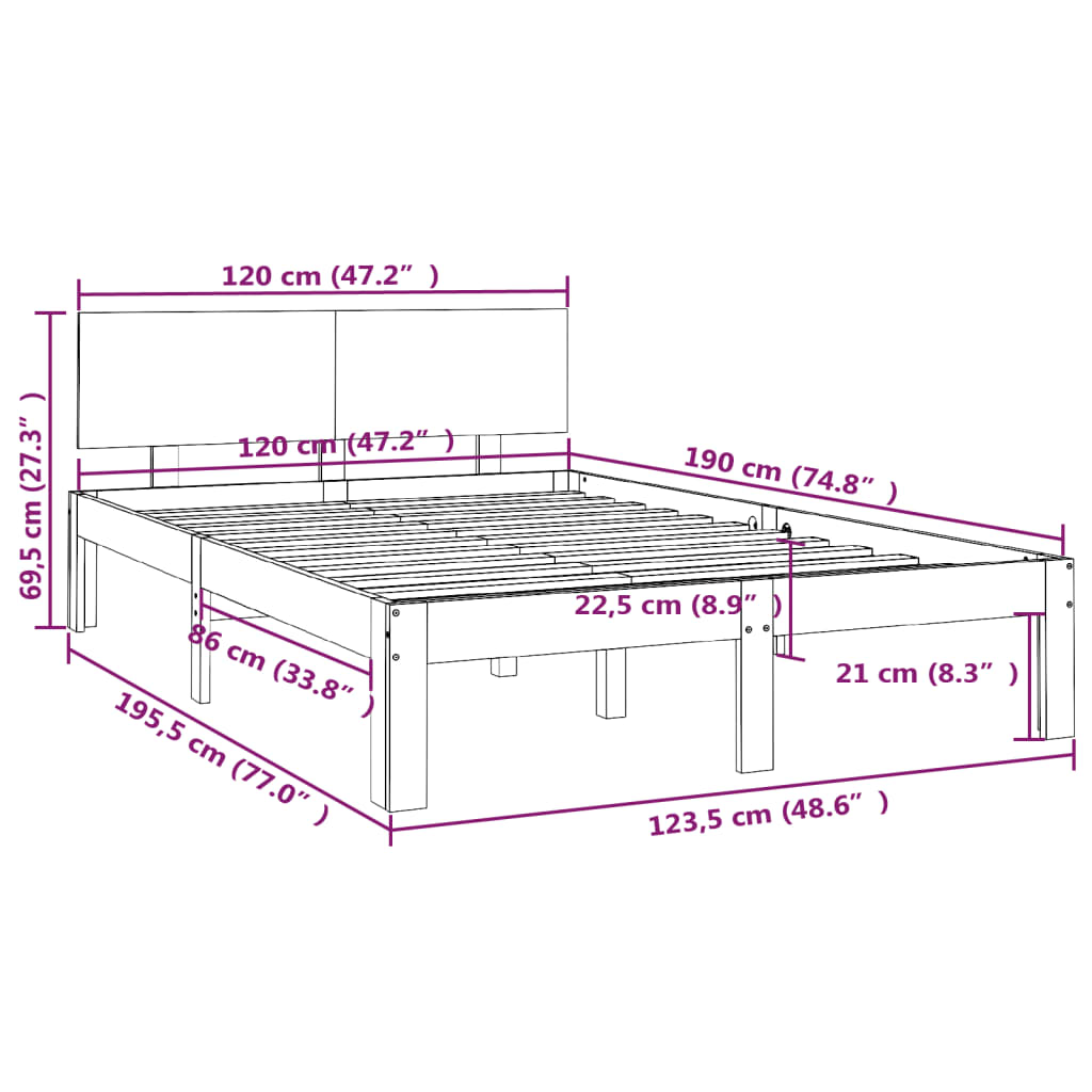 vidaXL Bedframe massief hout honingbruin 120x190 cm