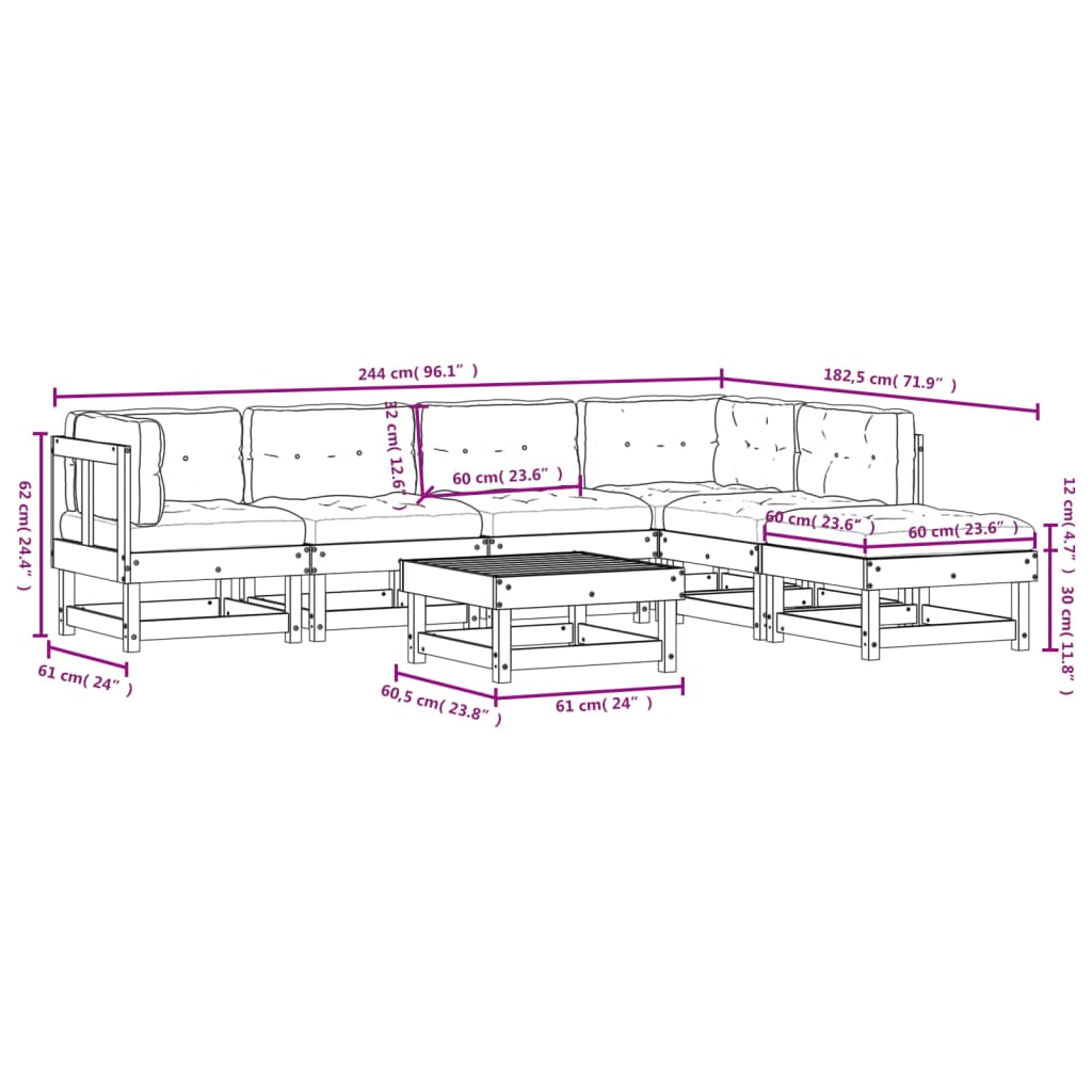 vidaXL 7-delige Loungeset met kussens massief hout wit